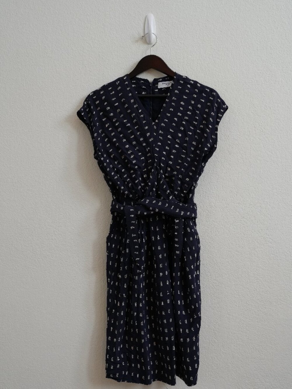 MM LaFleur Womens 4 Navy Brushstroke Print Faux Wrap Dress Cap Sleeve Tie Pocket